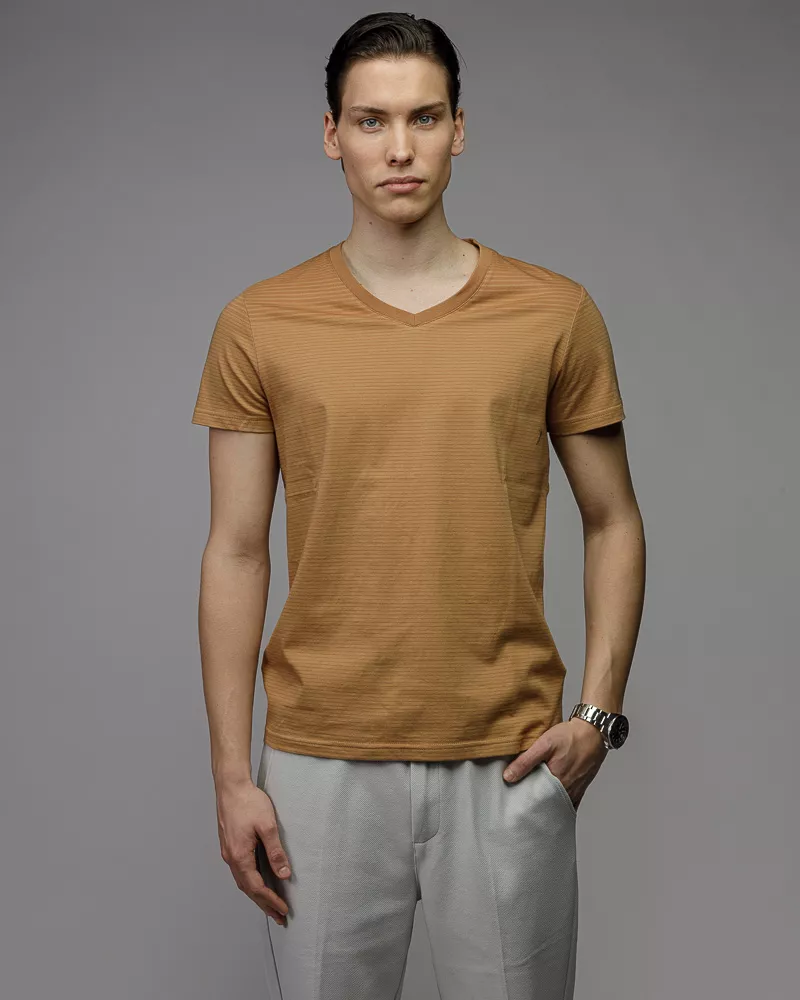 Devergo Ανδρικό Ριγέ T-Shirt 4039 – Tan